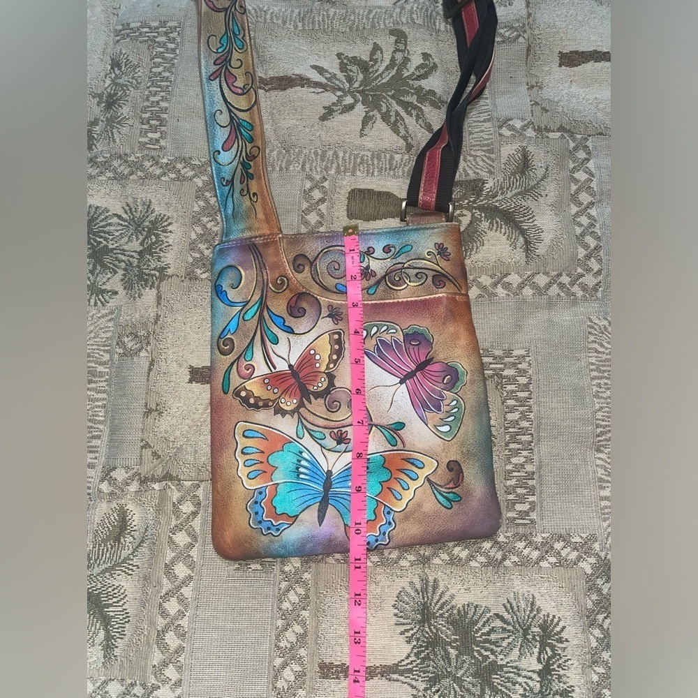 Butterfly bag hand painted Anuschka purse bohemian travel messenger bag - Picture 7 of 16